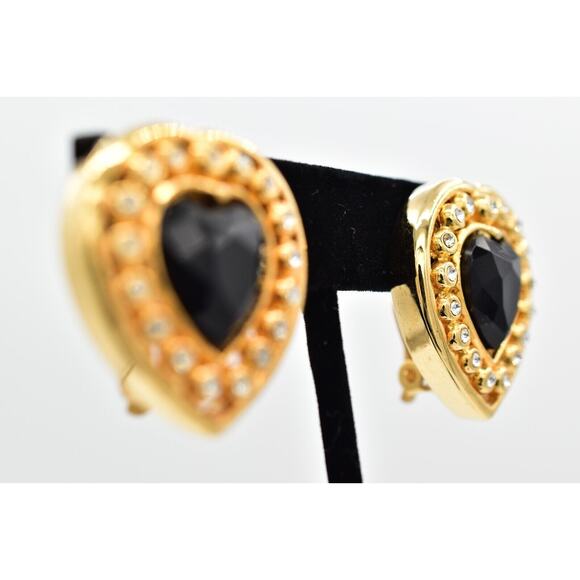 Vintage Crystal Heart Clip On Earrings Black Chunky Gold Heavy NOS 1980s A22 - Picture 5 of 16